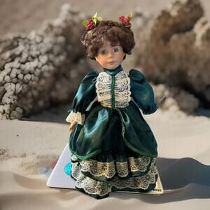 -DOLL Victorian Porcelain Doll 16” Green Eyes Brown Braided Hair Green Dress
